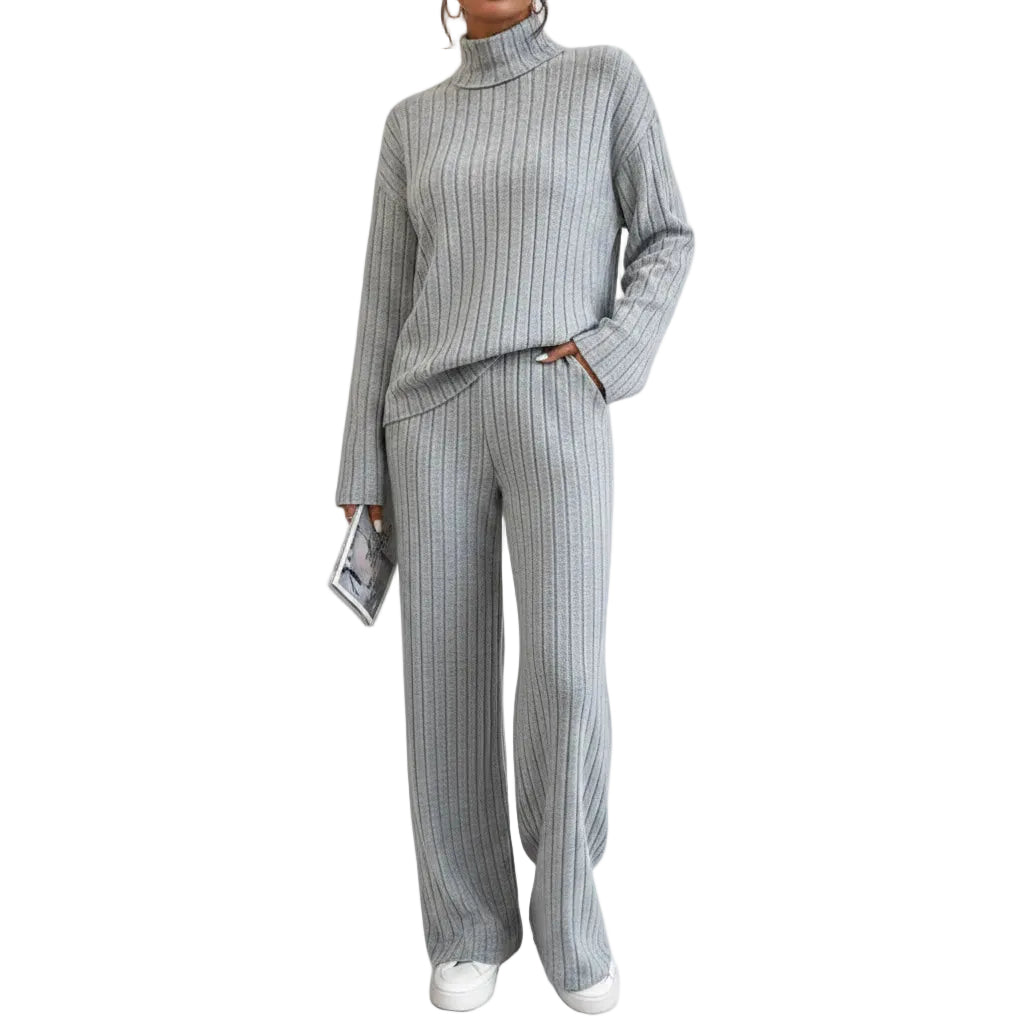 Gray turtleneck sweater with matching loose pants