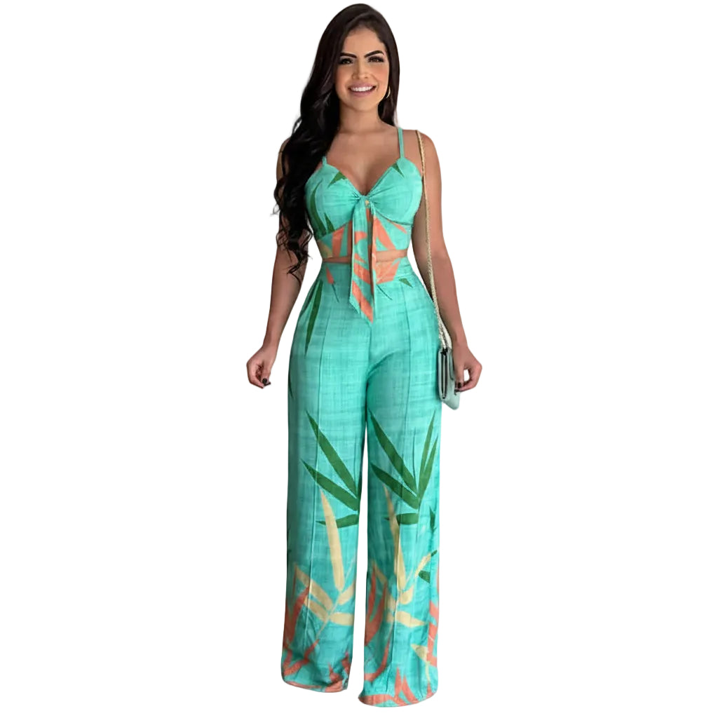 Printed sleeveless V neck vest and pants outfit