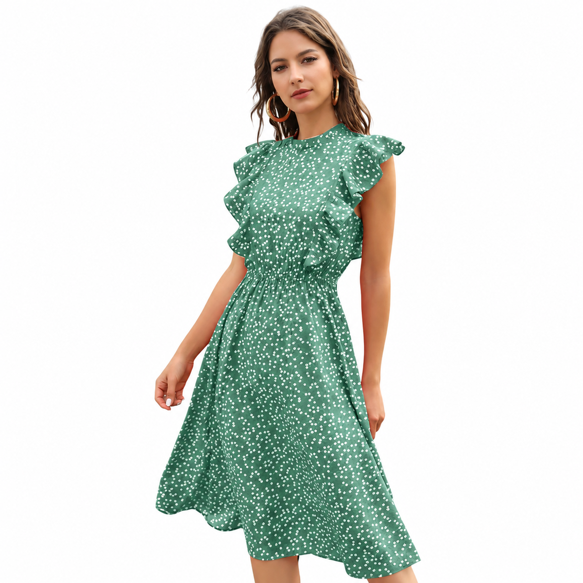 Front view of women's A line chiffon maxi dress
