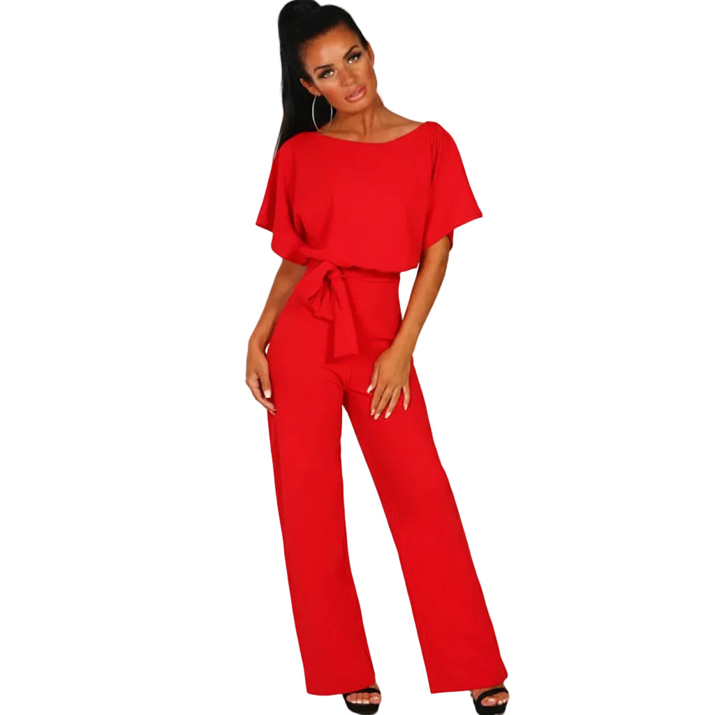 Women's batwing short sleeve tie waist jumpsuit front view