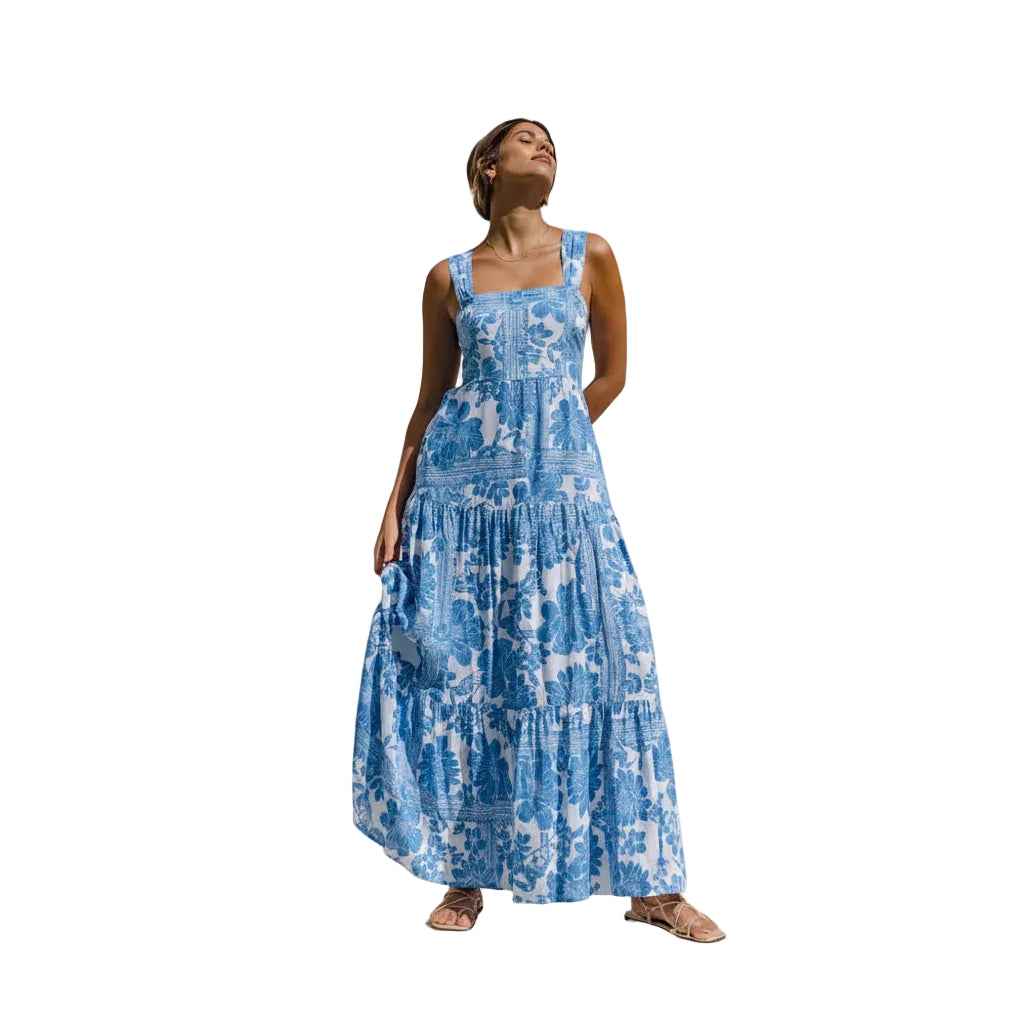 Women's blue floral bohemian maxi dress