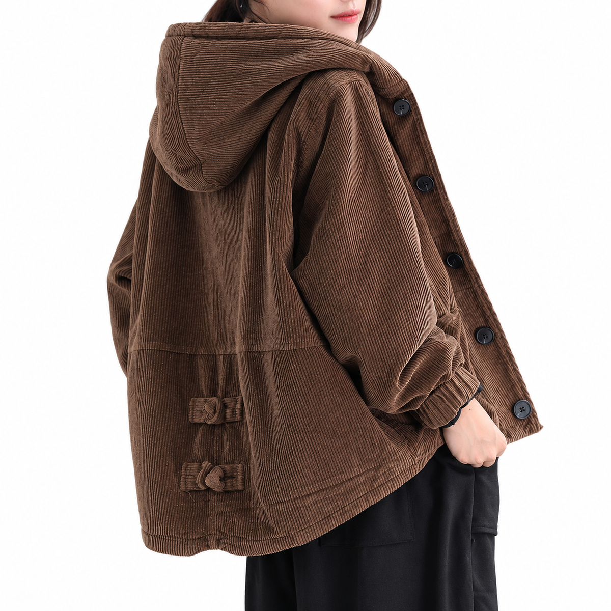 Women's black corduroy short jacket with long sleeves
