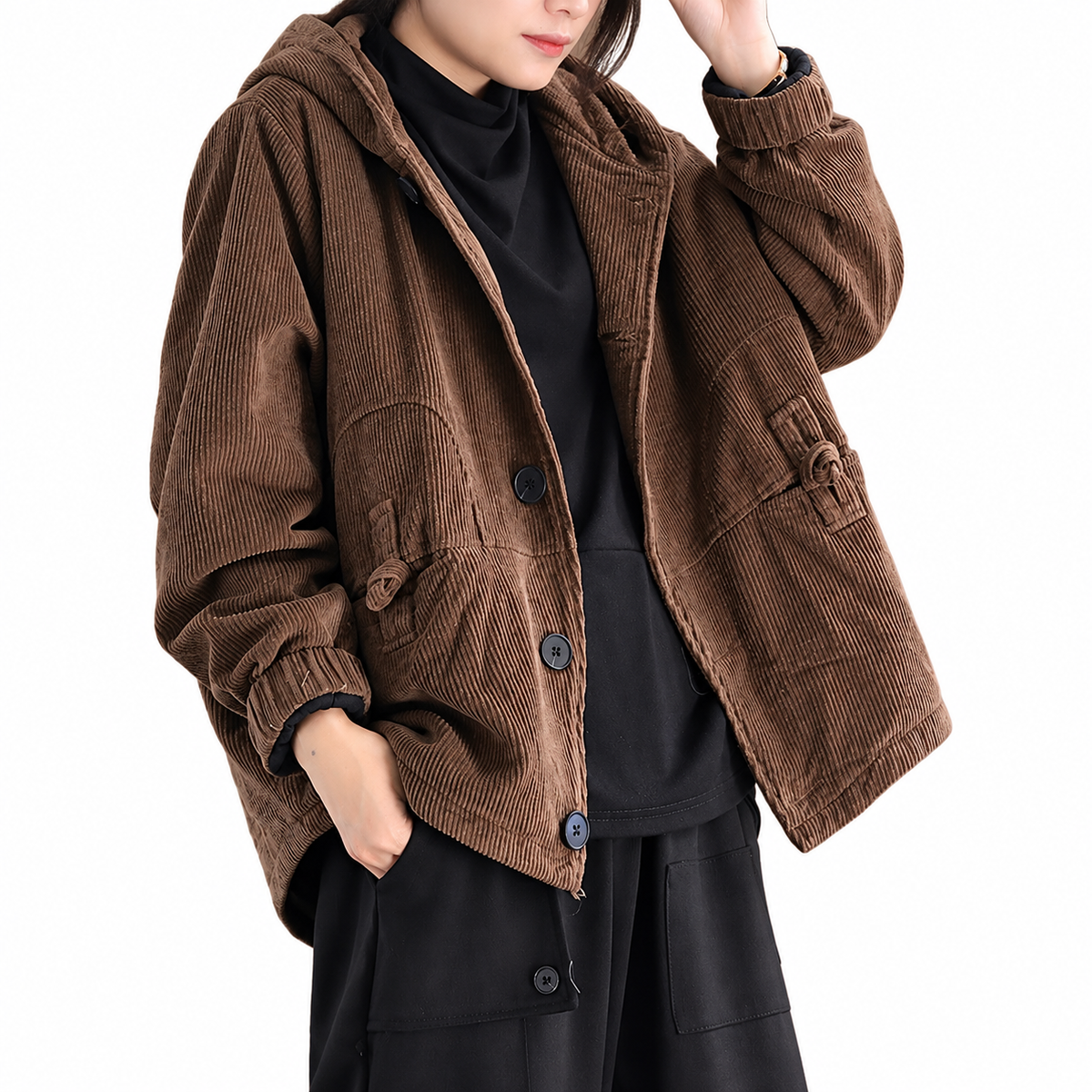 Front view of women's brown and black short jacket