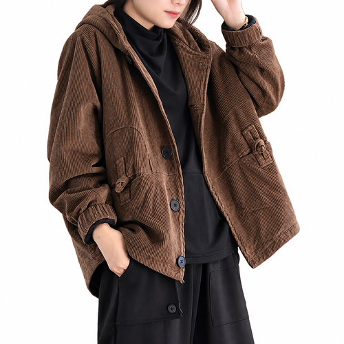 Front view of women's brown and black short jacket