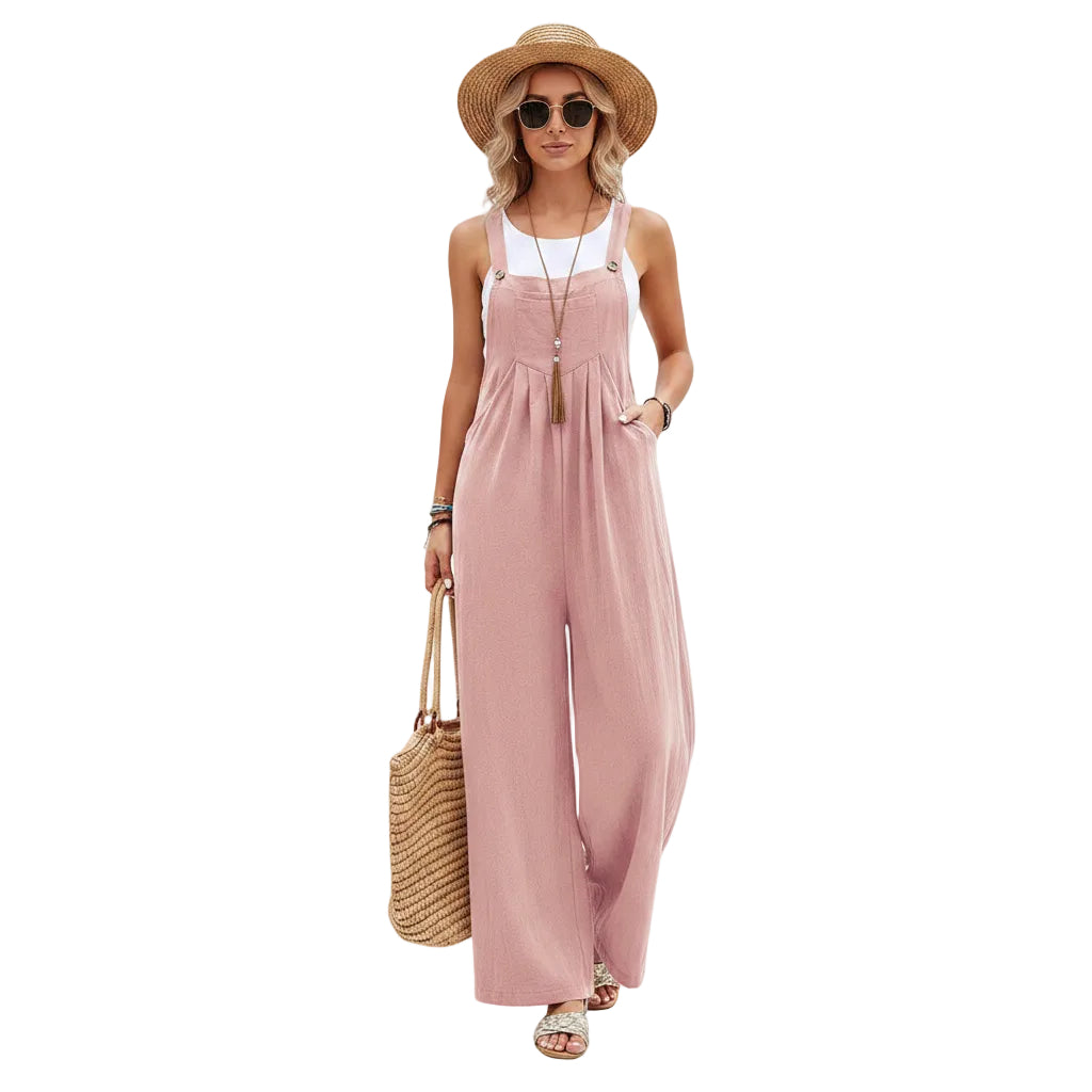 Women's cotton bib overalls with straight leg design front view