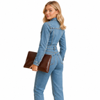 Women's blue denim jumpsuit with long sleeves