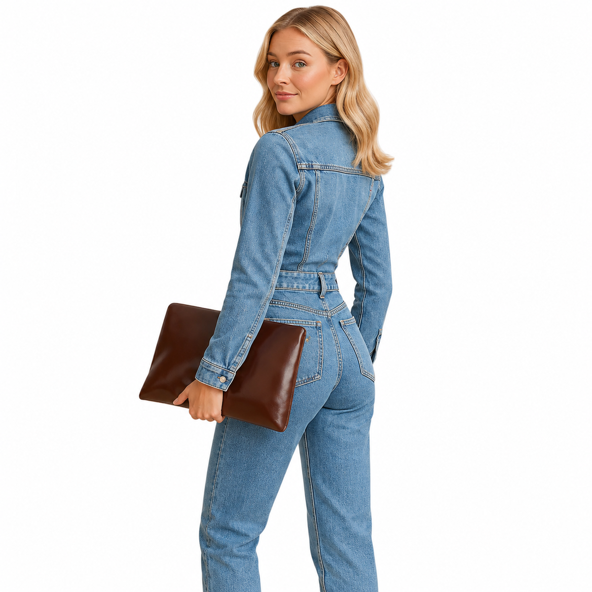 Women's blue denim jumpsuit with long sleeves