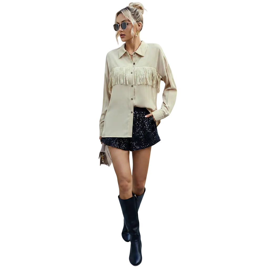 Women's elegant long sleeve cardigan blouse front view
