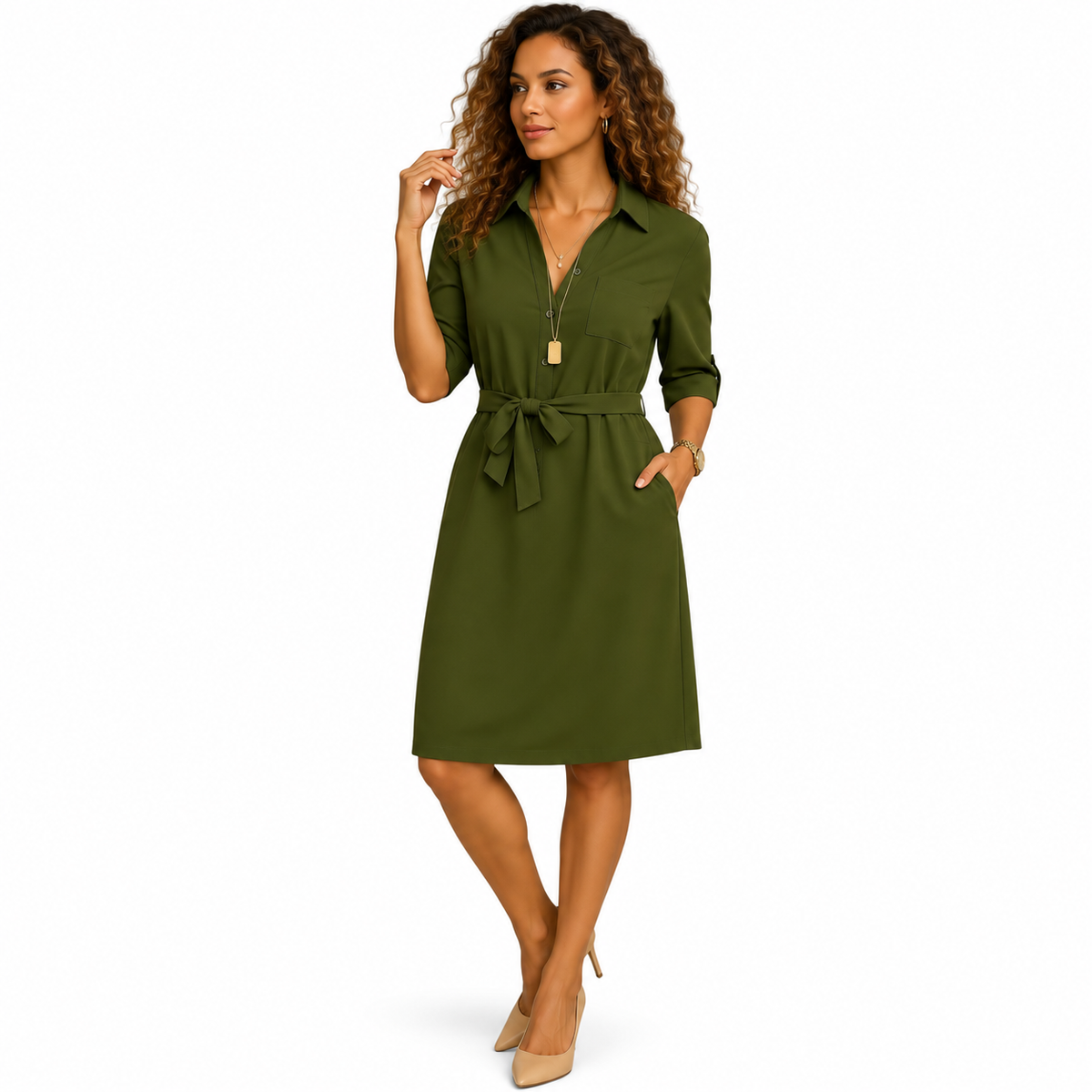 Women's army green elegant midi dress