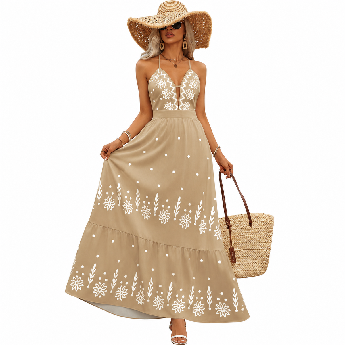 Women's khaki floral halter neck maxi dress