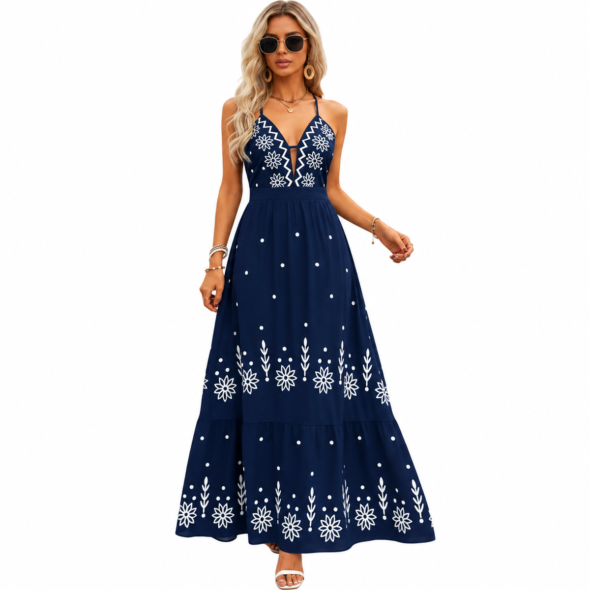 Women's olive green floral halter neck maxi dress