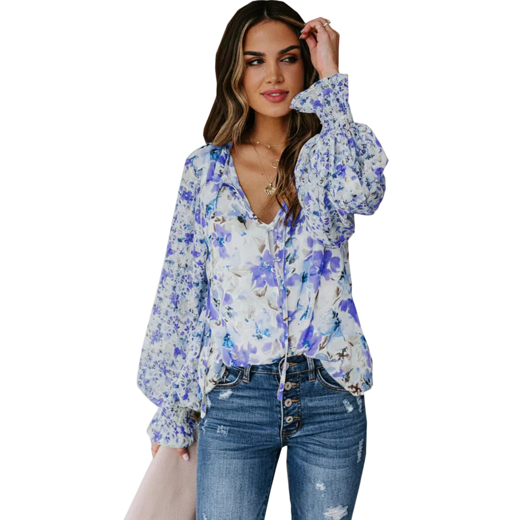 Women's floral print lantern sleeve blouse front view