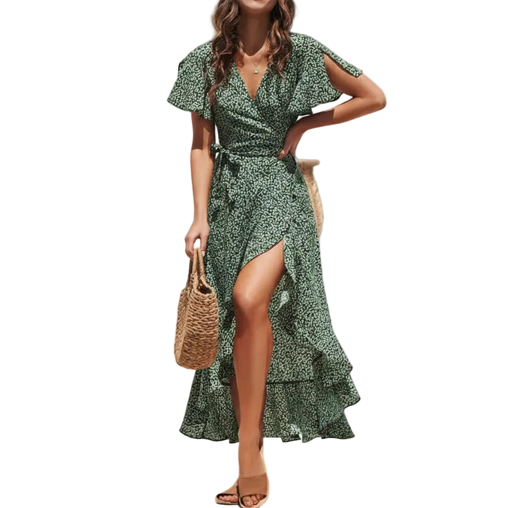 Women's flowy chiffon maxi dress with ruffle hem