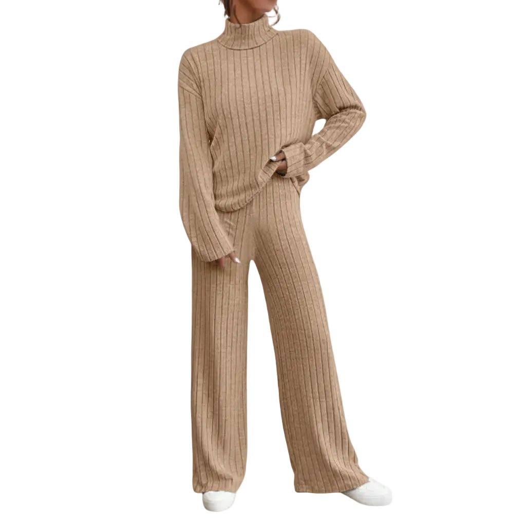 Women's gray knit sweater and loose trousers front view