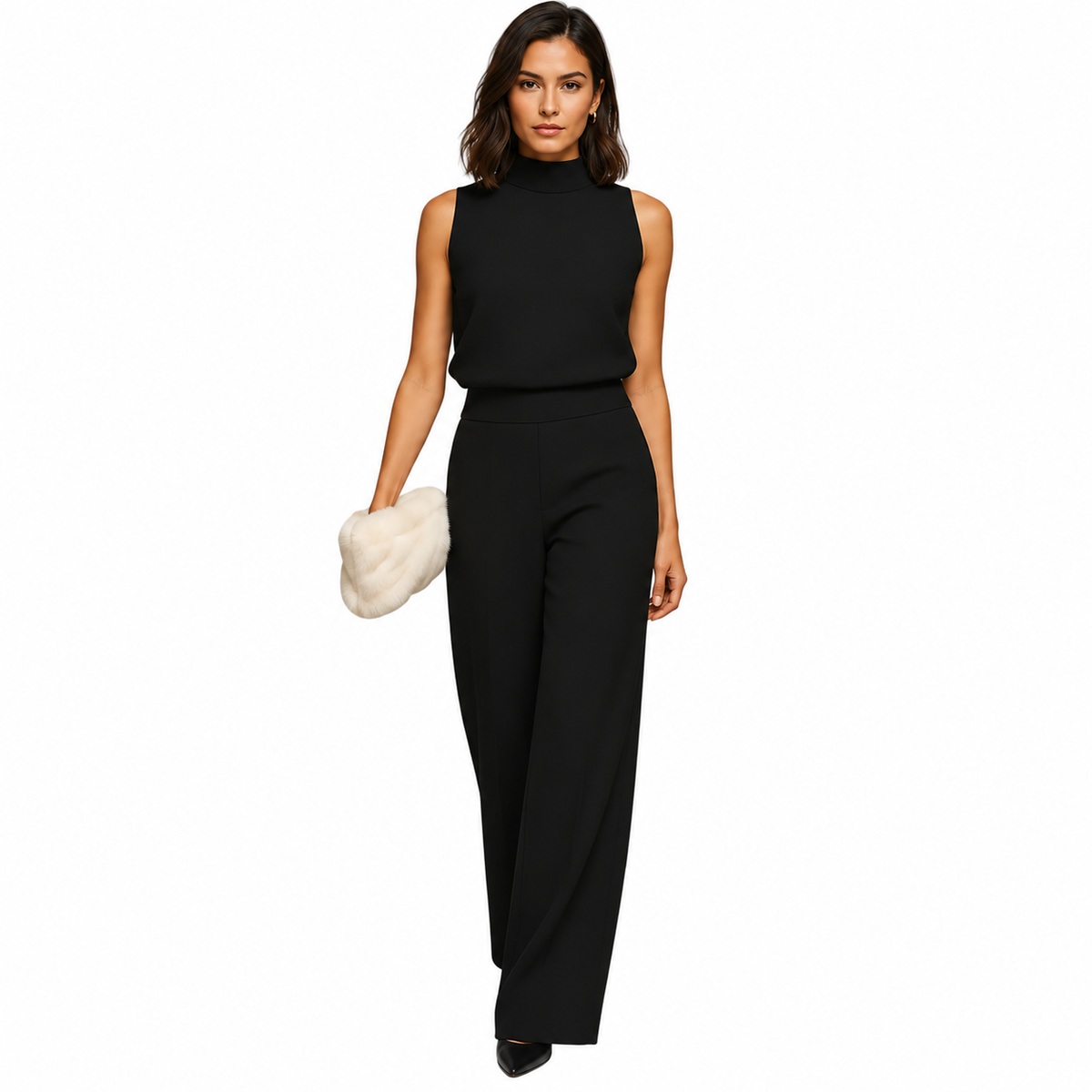 Women's black halter jumpsuit with high waist and wide legs