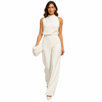 Front view of women's halter wide leg jumpsuit
