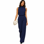 Women's navy halter jumpsuit with high waist and wide legs