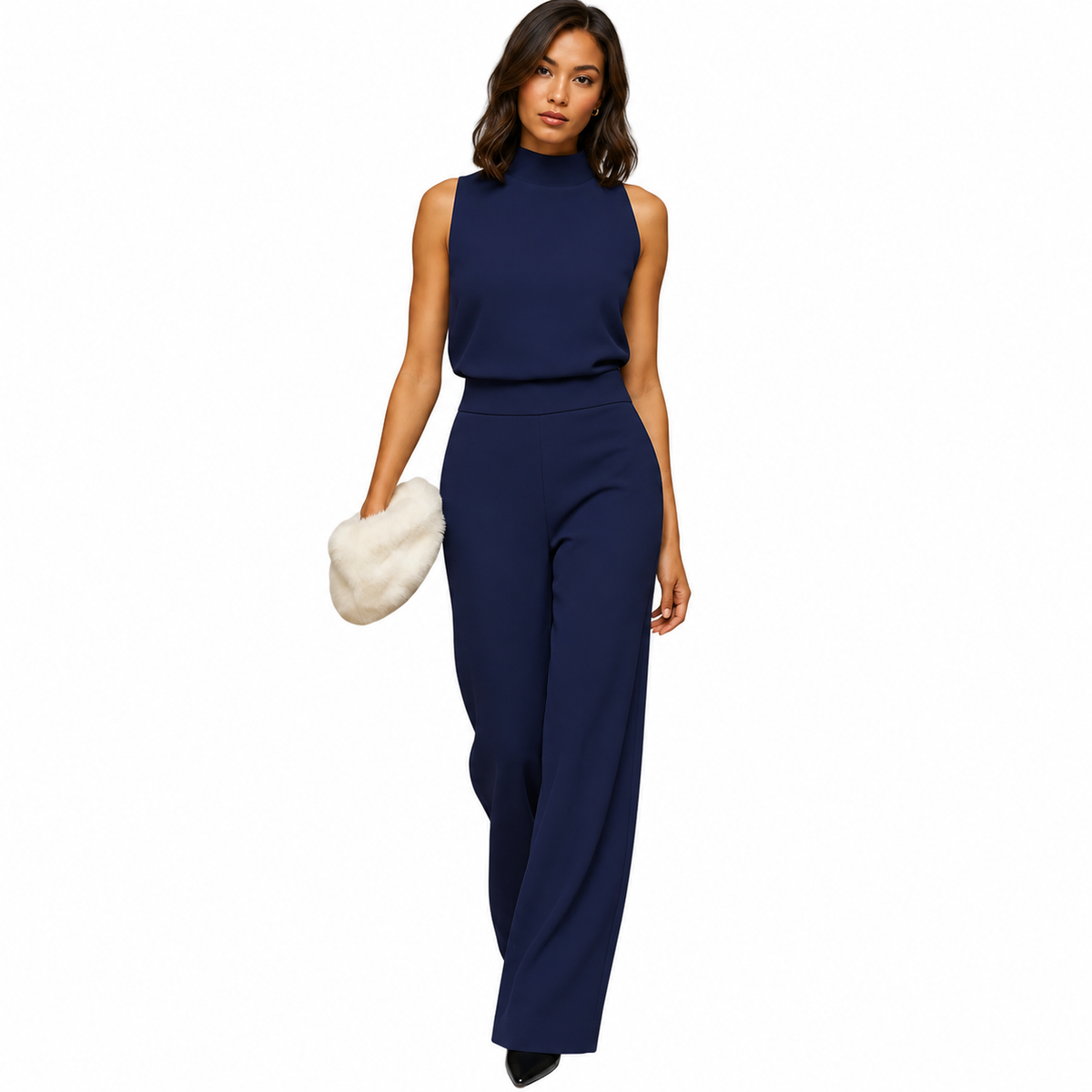 Women's navy halter jumpsuit with high waist and wide legs