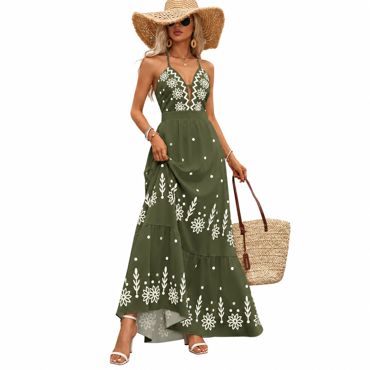 Front view of women's floral halter neck maxi dress