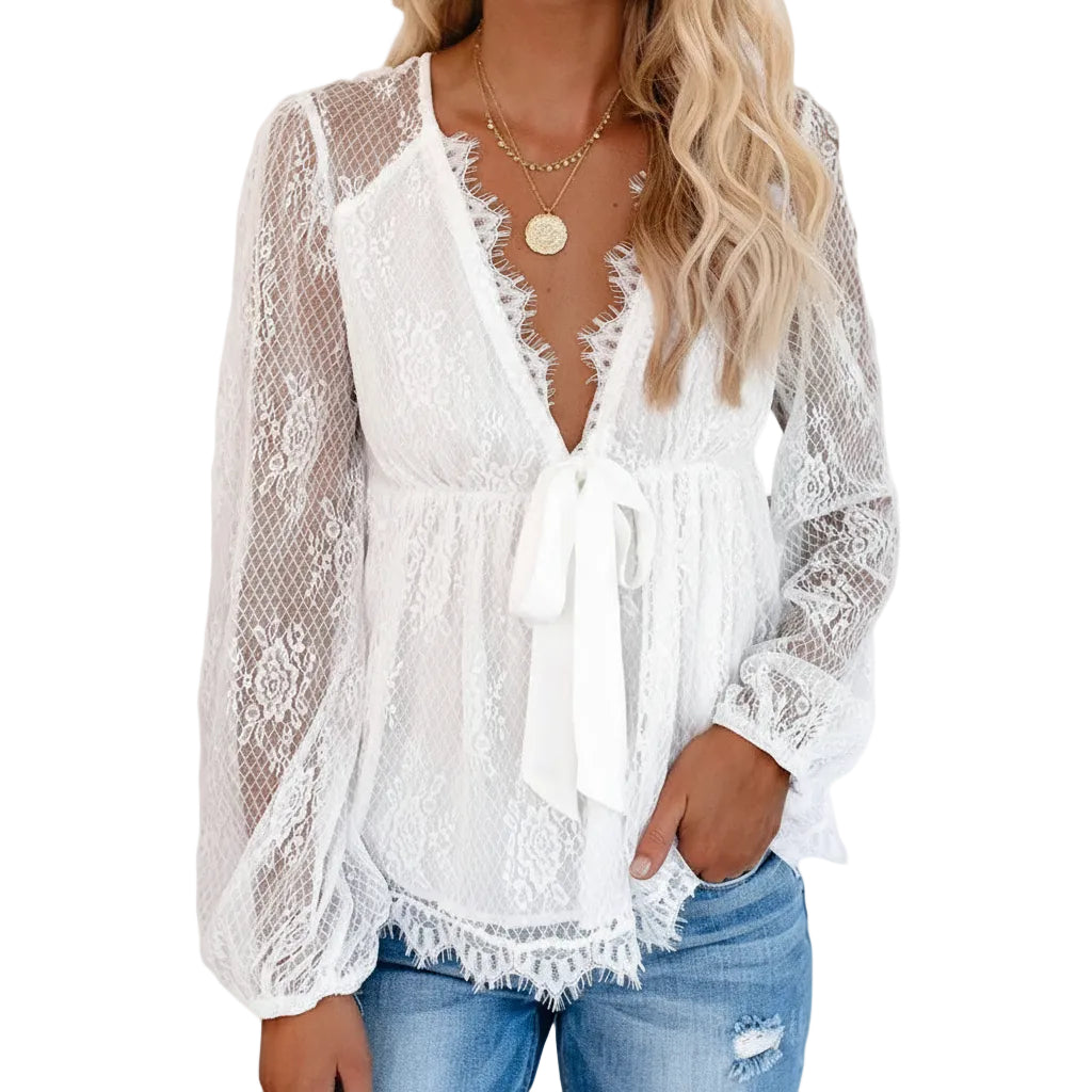 Women's lace embroidery V neck blouse front view