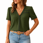 Women's blue lace V neck blouse