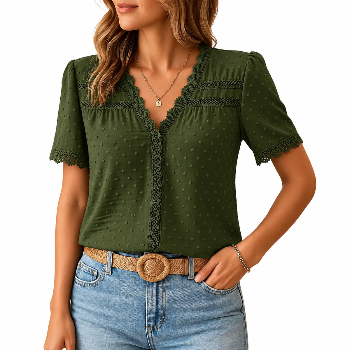 Women's blue lace V neck blouse