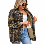 Women's long sleeve denim jacket with leopard print