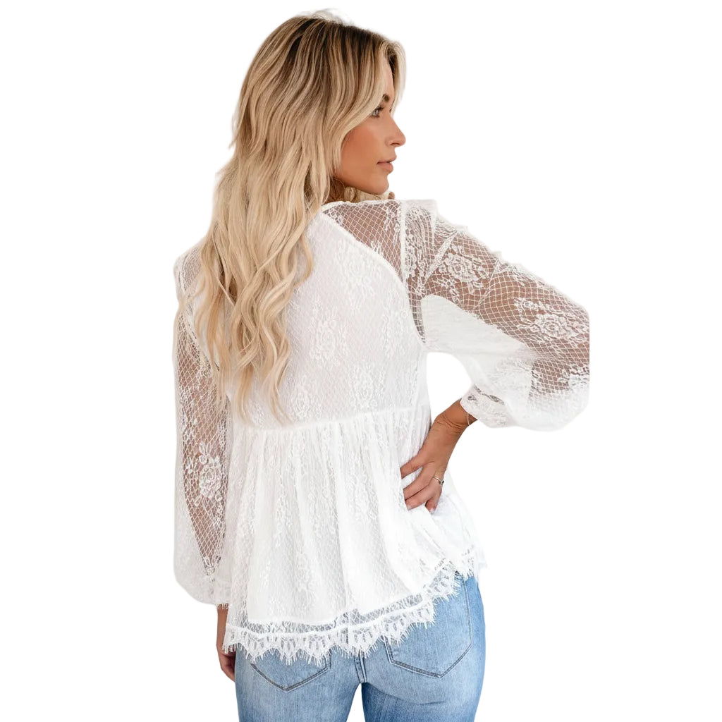 Women's long sleeve lace blouse with floral details