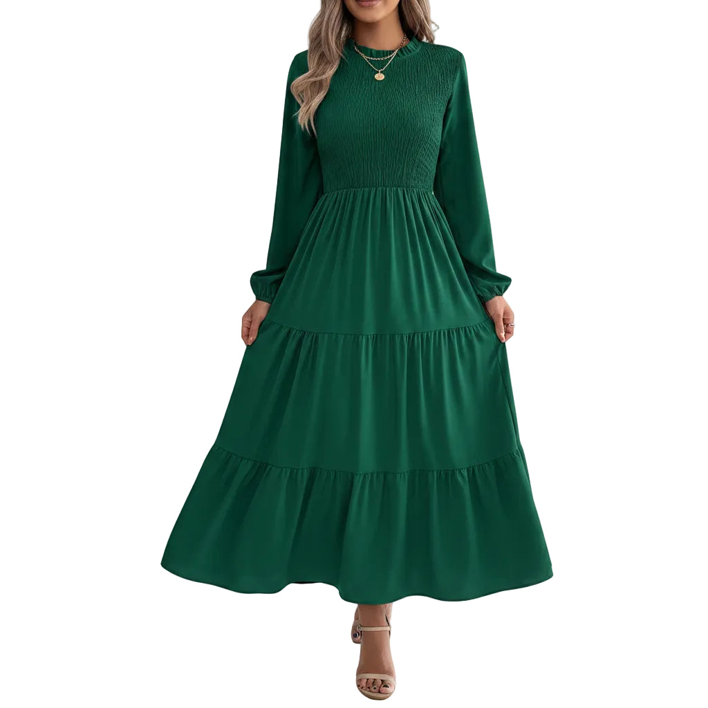Women's long sleeve slim fit A line maxi dress front view