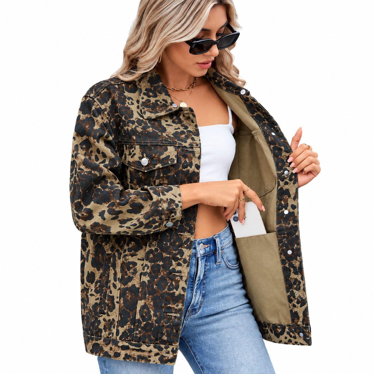 Back view of women's loose denim jacket