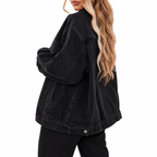 Women's Black Denim Jacket with Loose Fit and Long Sleeves