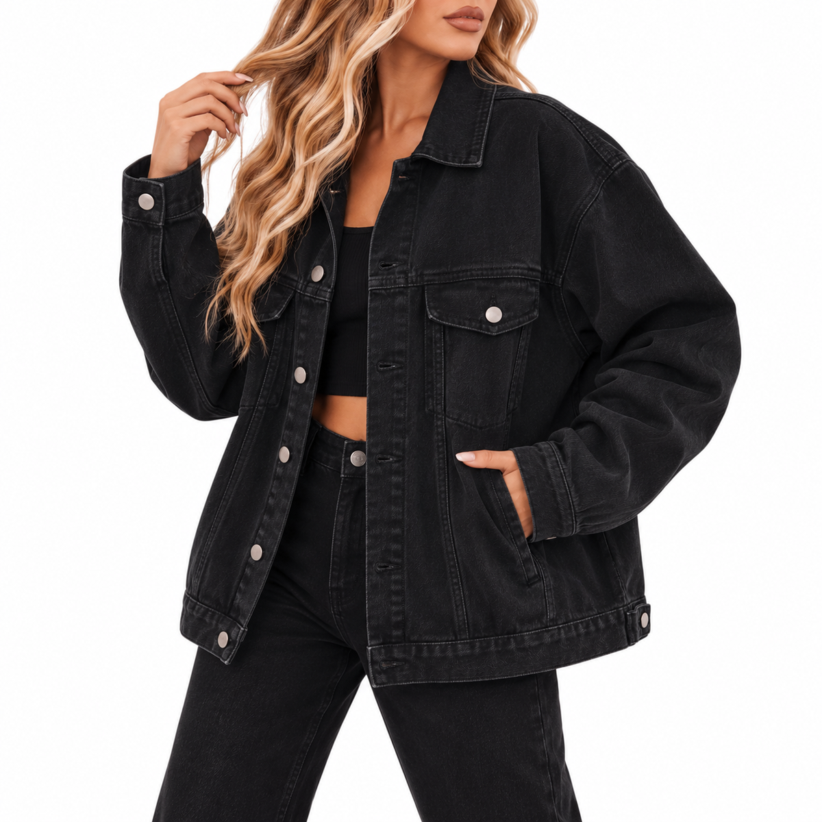 Front view of women's loose fit denim jacket