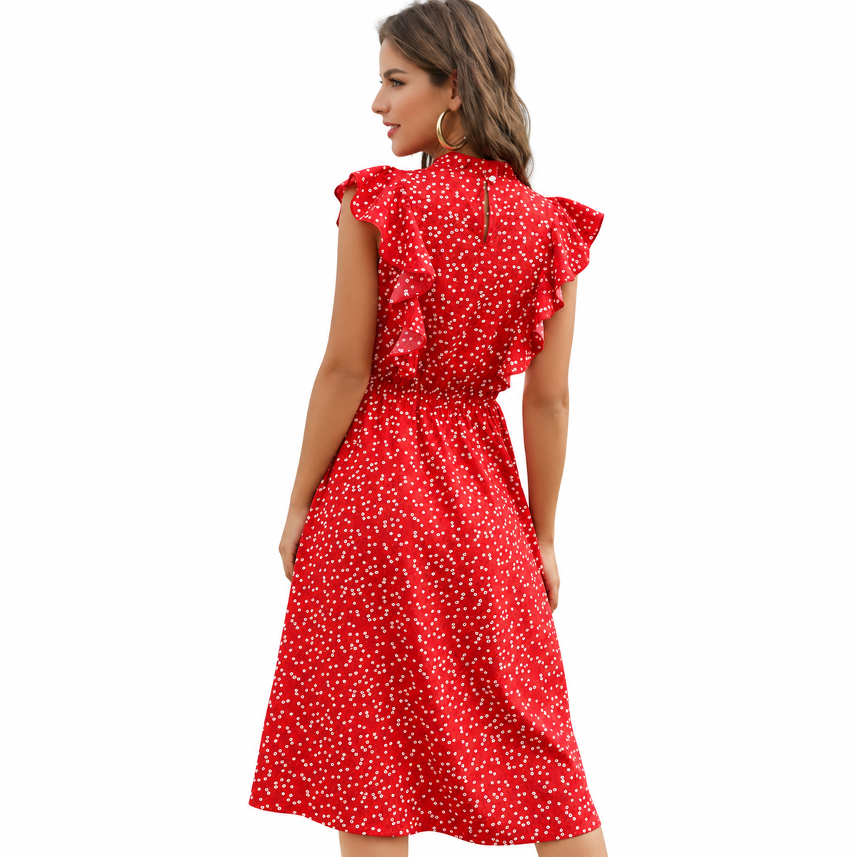 Women's navy blue polka dot chiffon maxi dress