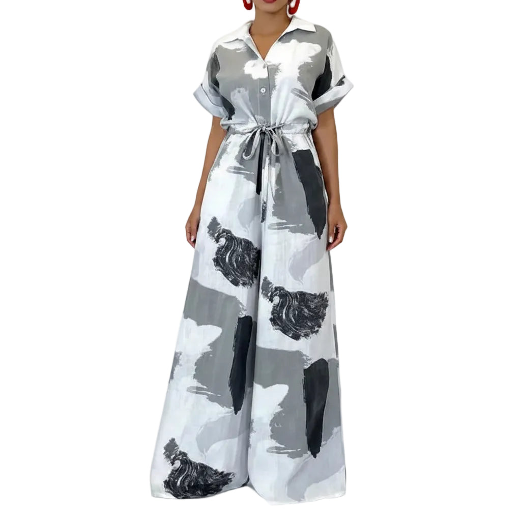 Women's printed lapel short sleeve jumpsuit front view