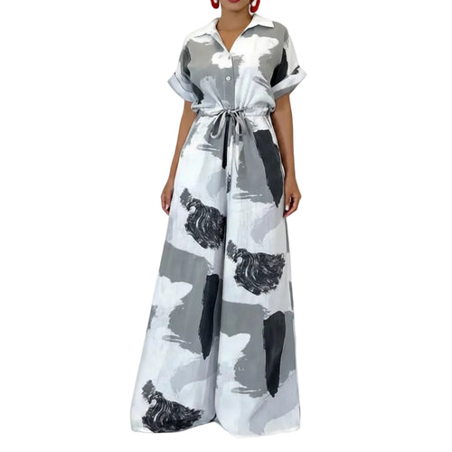 Women's printed lapel short sleeve jumpsuit front view