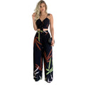 Women's printed V neck sleeveless vest and wide leg pants front view