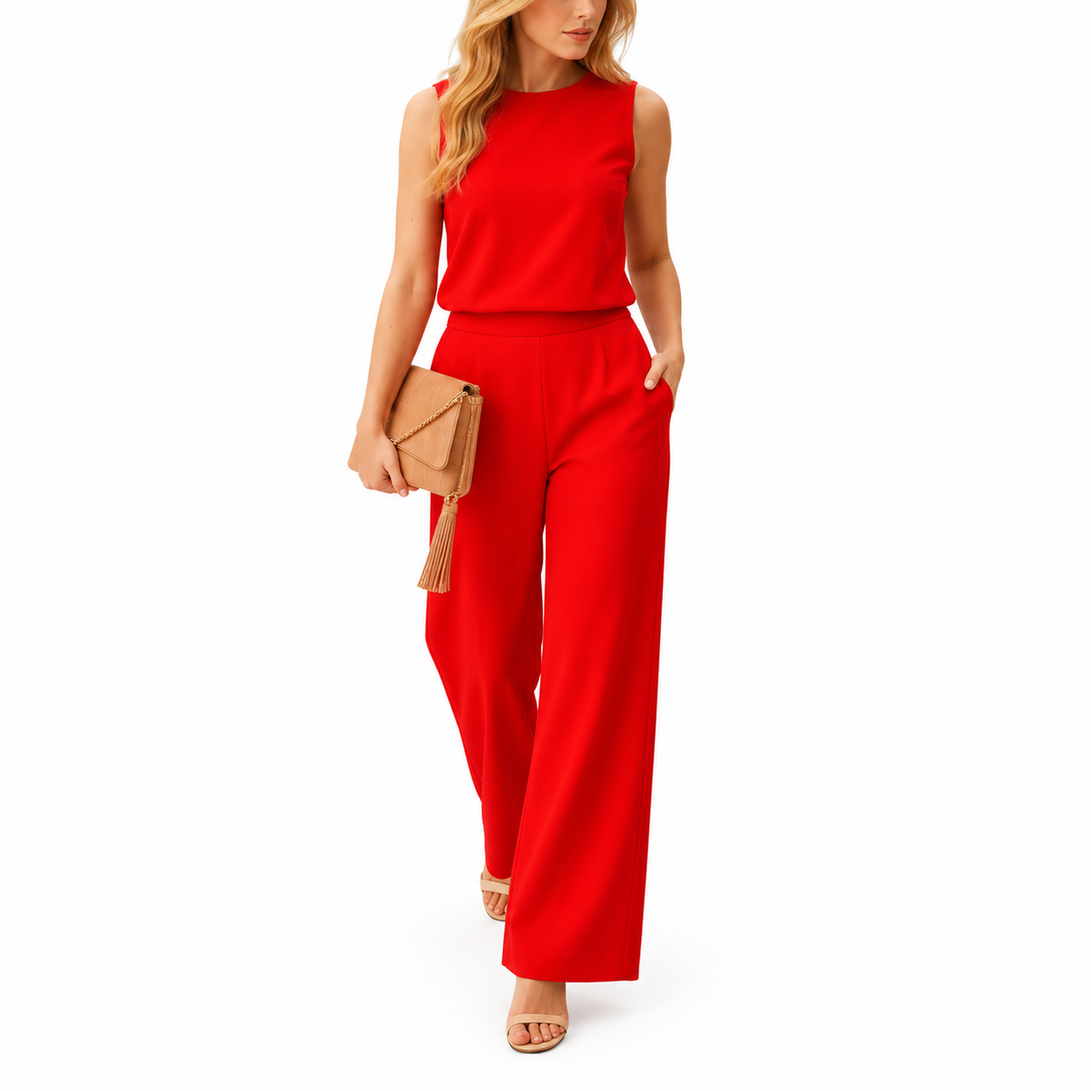 Back view of women's round neck wide leg jumpsuit