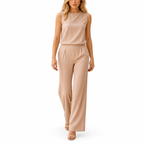 Front view of women's round neck wide leg jumpsuit