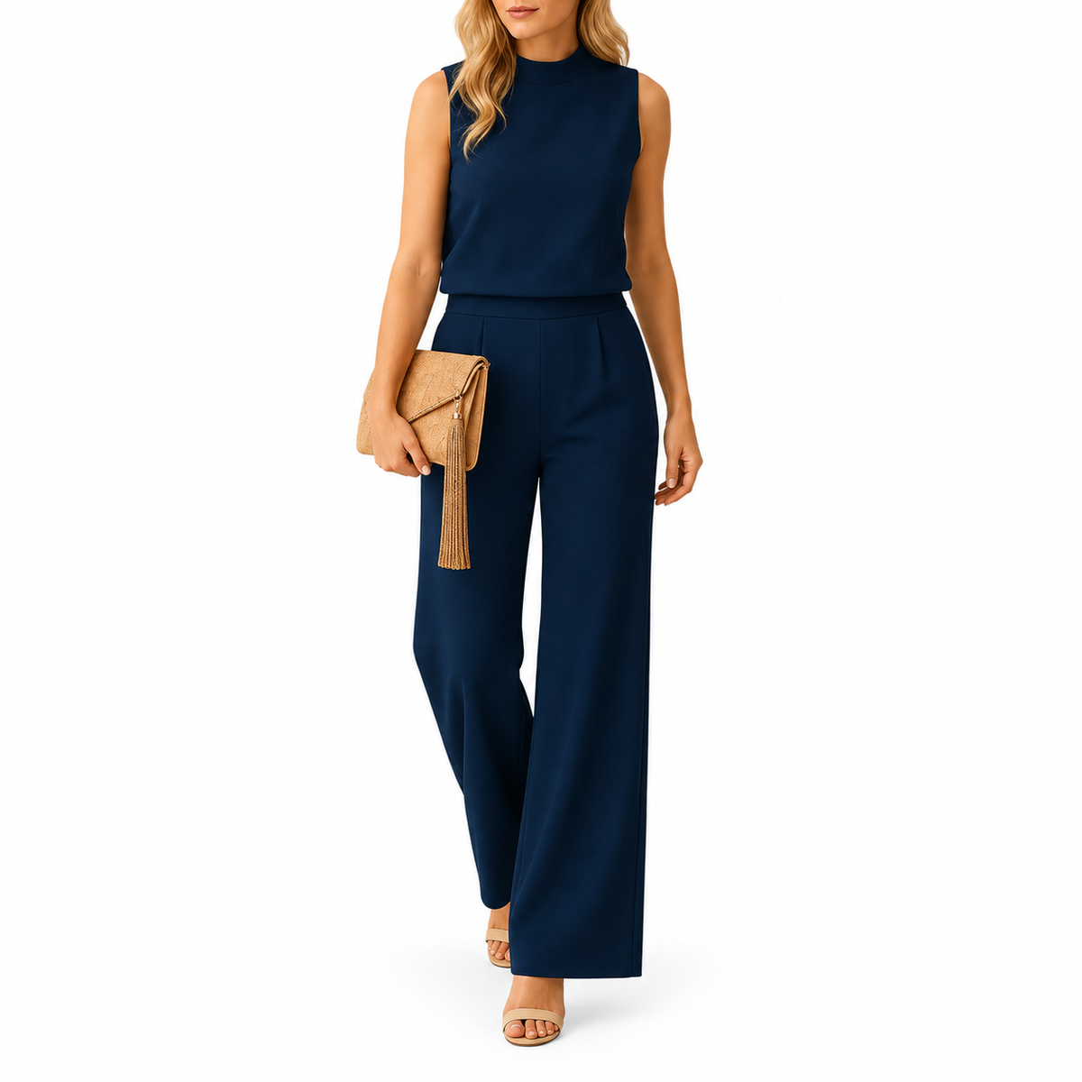Side view of women's round neck wide leg jumpsuit