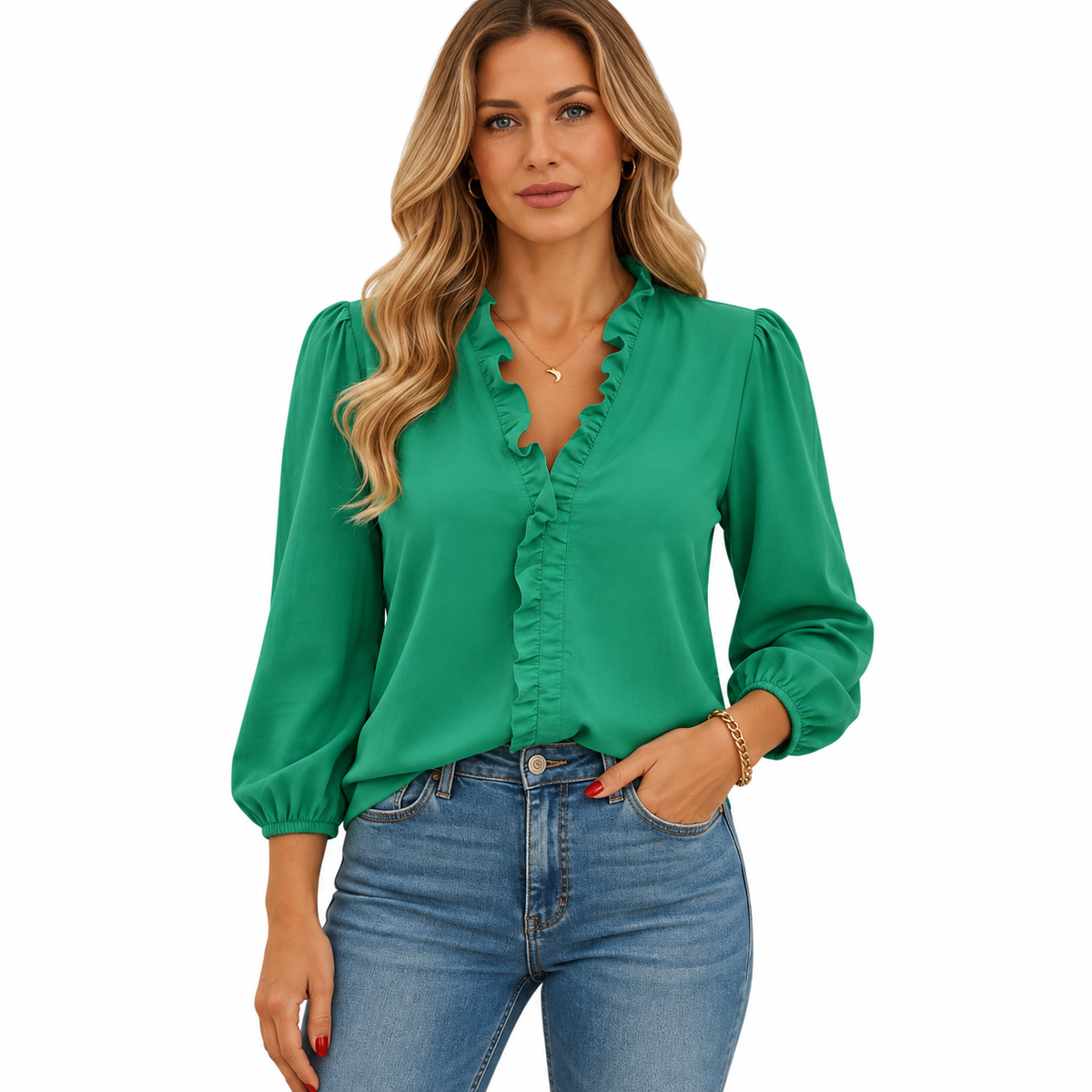 Women's green ruffled blouse with flattering fit
