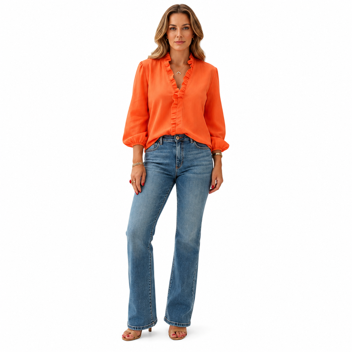 Women's orange ruffled blouse with flattering fit