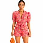 Side view of women's short printed jumpsuit