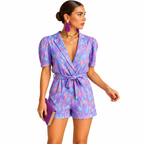 Side view of women's short printed jumpsuit