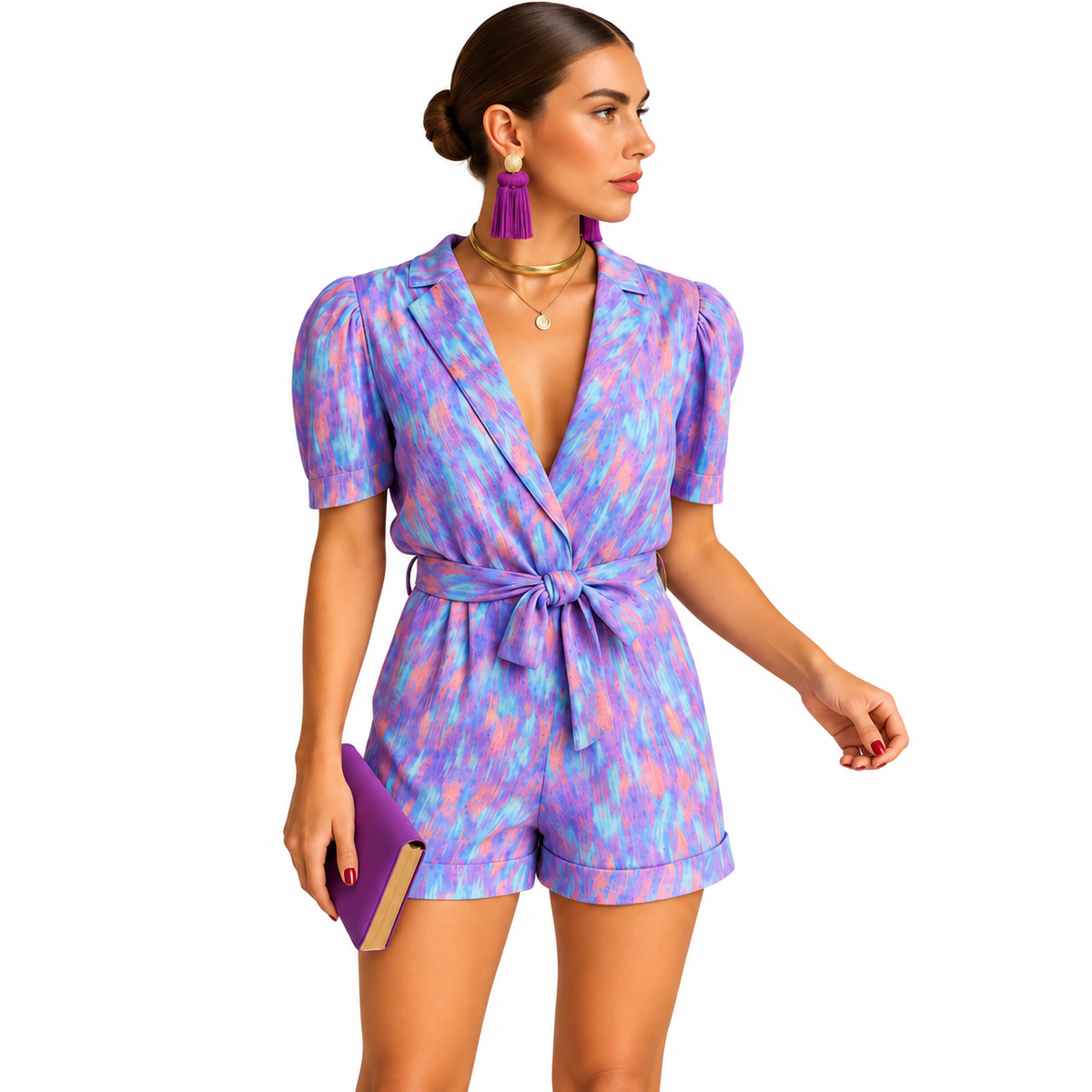 Side view of women's short printed jumpsuit