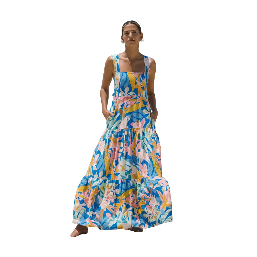 Women's sky blue floral sleeveless maxi dress