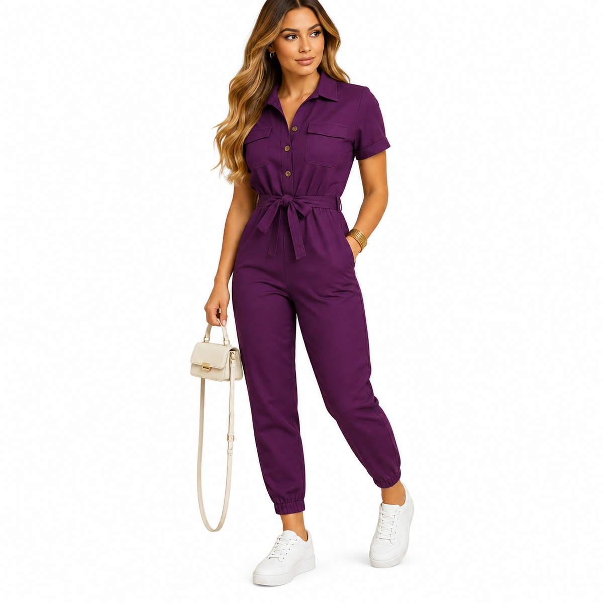 Women's army green tailored jumpsuit with button closure
