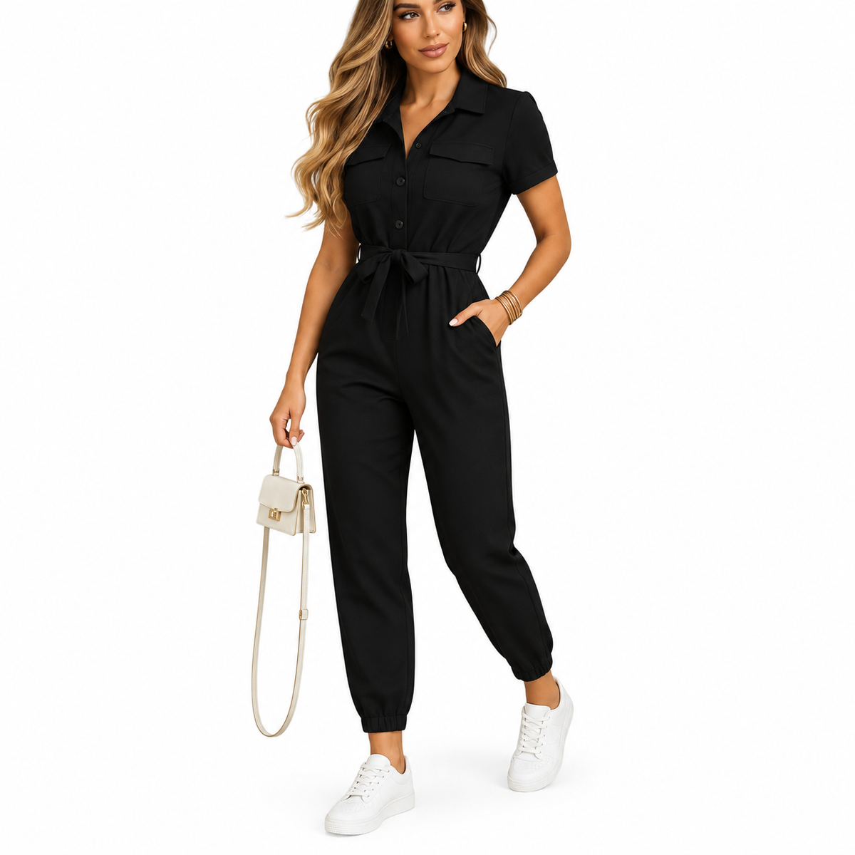 Women's blue tailored jumpsuit with button closure