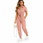 Women's pink tailored jumpsuit with button closure