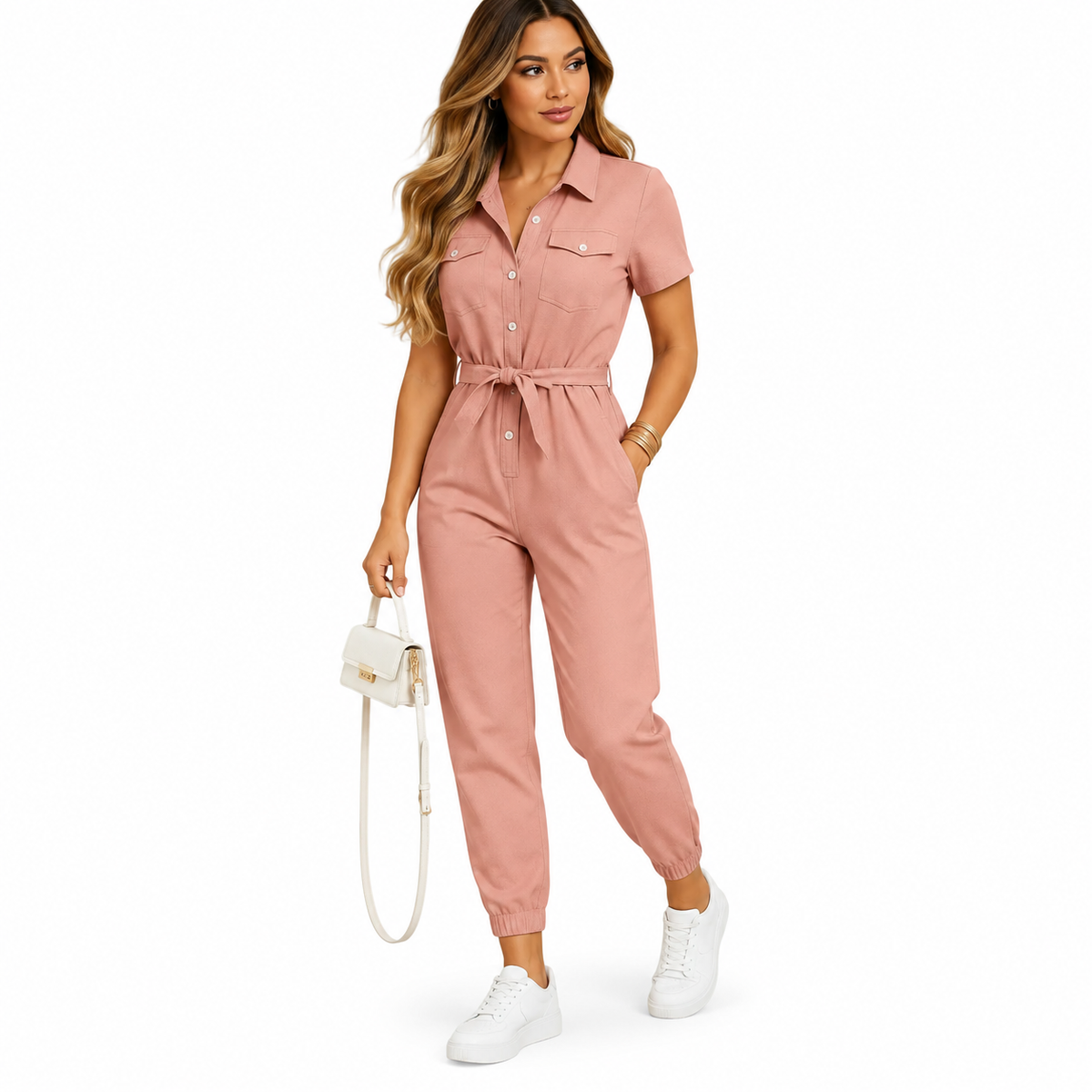 Women's pink tailored jumpsuit with button closure