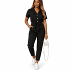Women's purple tailored jumpsuit with button closure